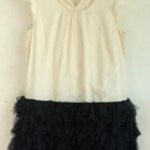 NWT GAP Dress Women's Medium Cream Black Ruffled Skirt Fancy Cap Sleeve Size 12